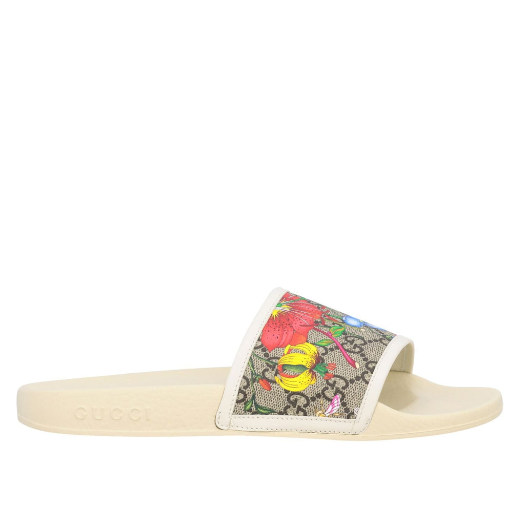 GUCCI GG SUPREME MONOGRAM FLORA PURSUIT SLIDE SANDALS