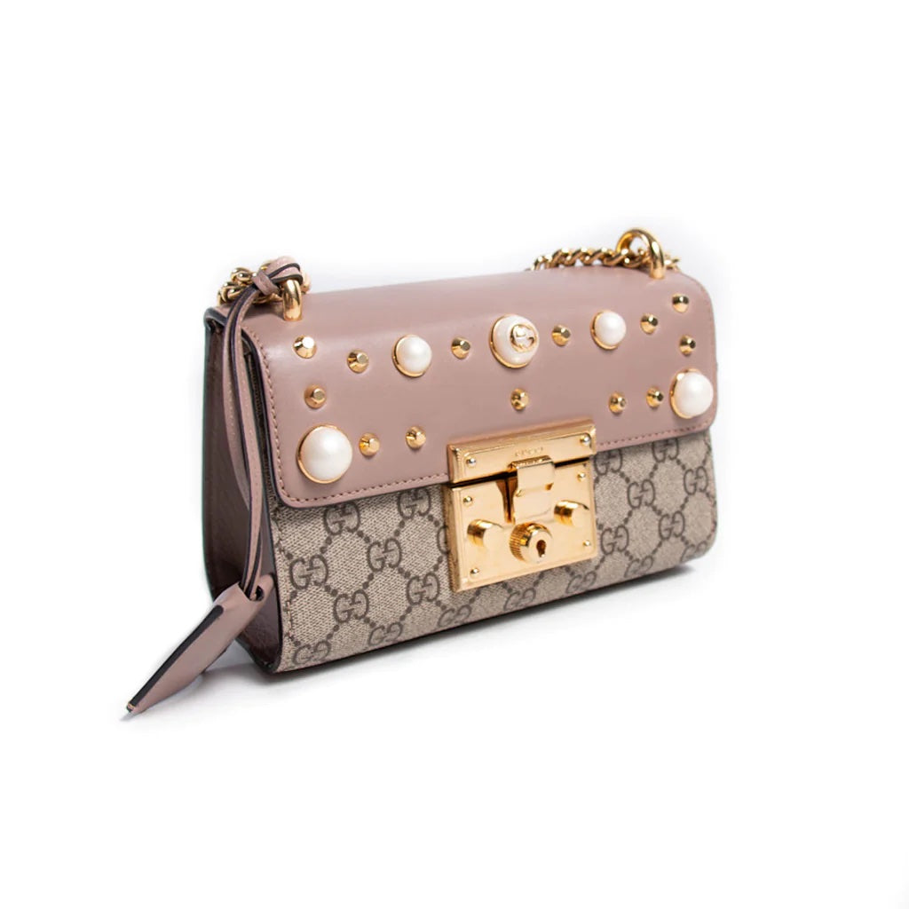 GUCCI GG SUPREME MONOGRAM STUDDED SMALL PADLOCK SHOULDER BAG