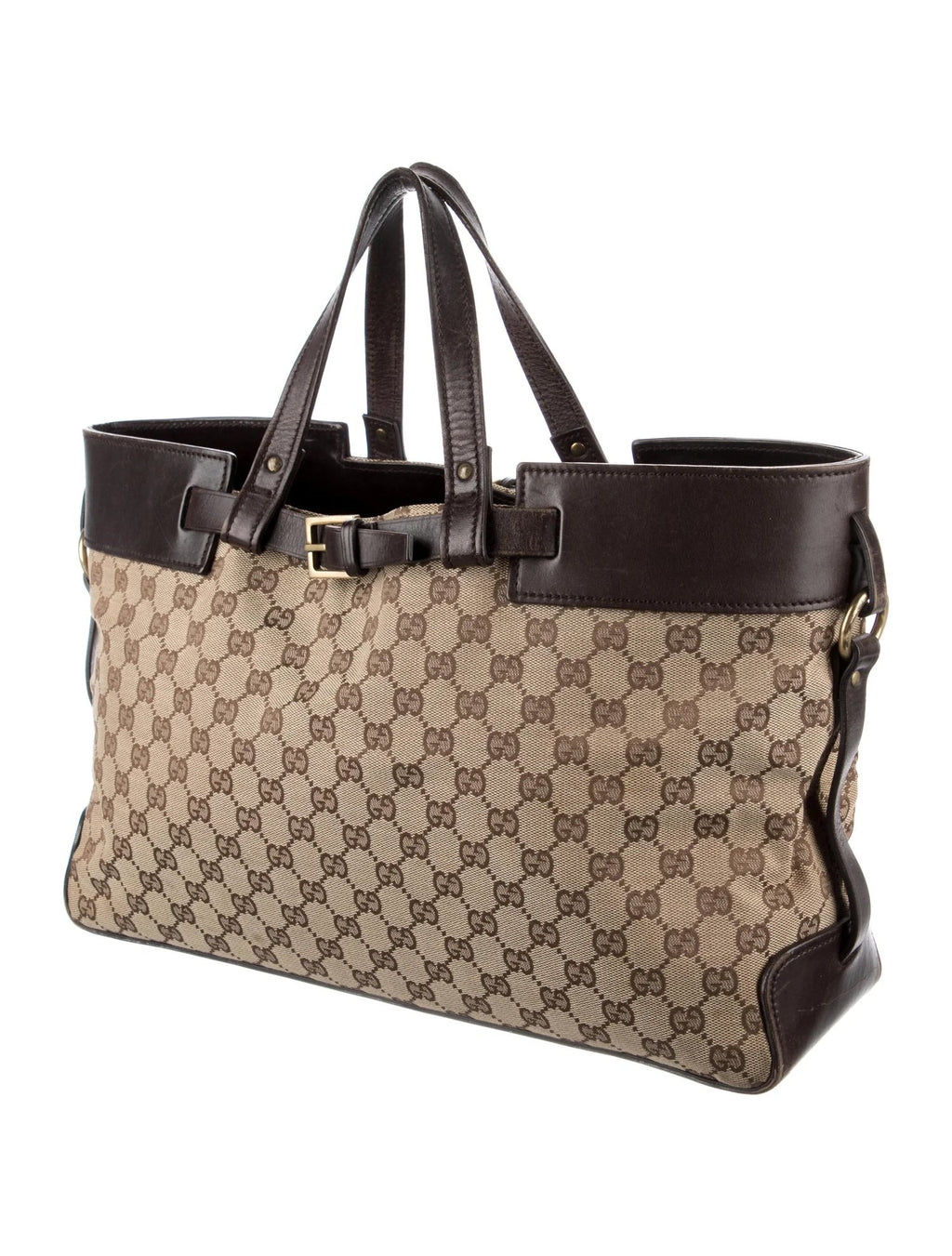 GUCCI GG CANVAS LEATHER TRIM VINTAGE BELTED TOTE BAG