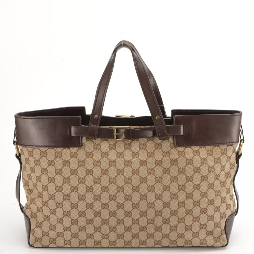 GUCCI GG CANVAS LEATHER TRIM VINTAGE BELTED TOTE BAG