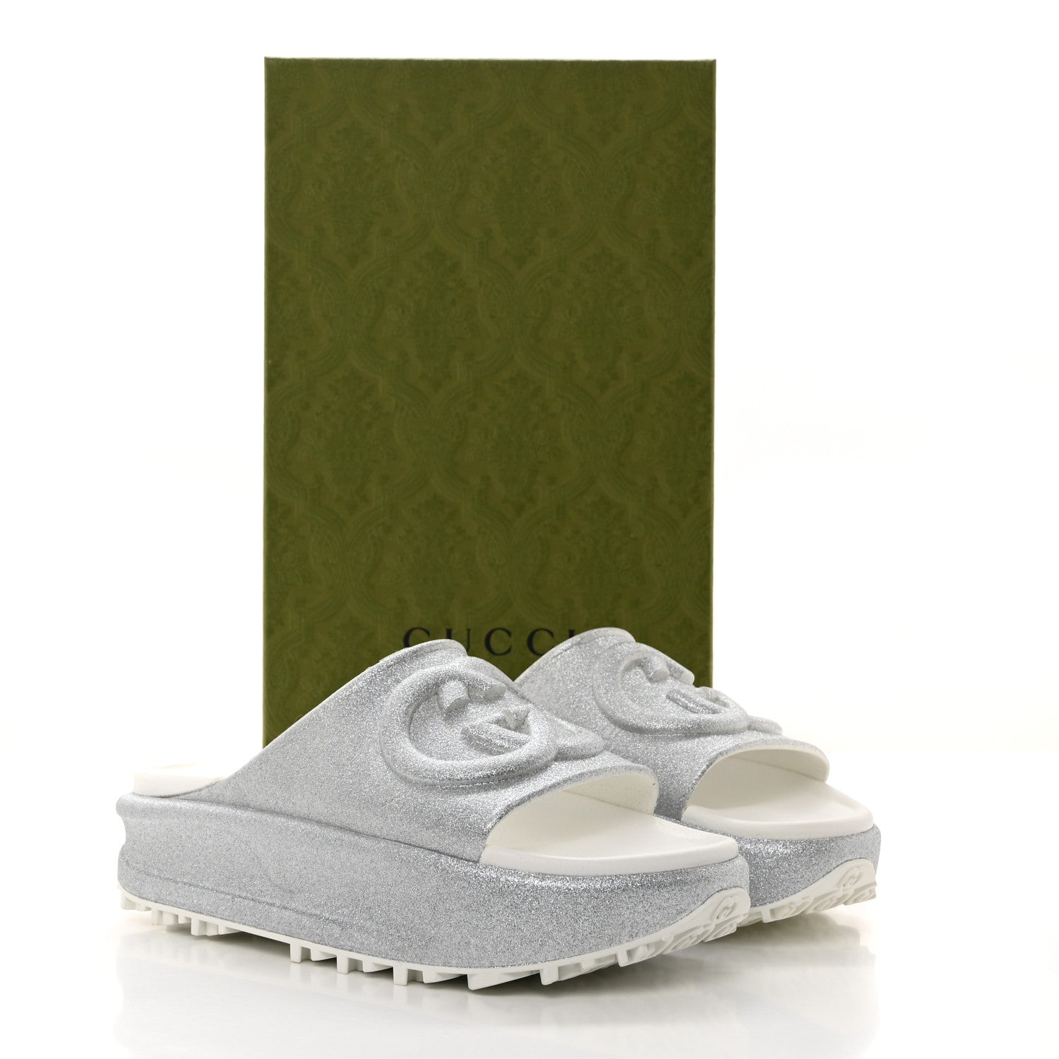 GUCCI WOMENS GLITTER INTERLOCKING G PLATFORM SLIDE SANDALS