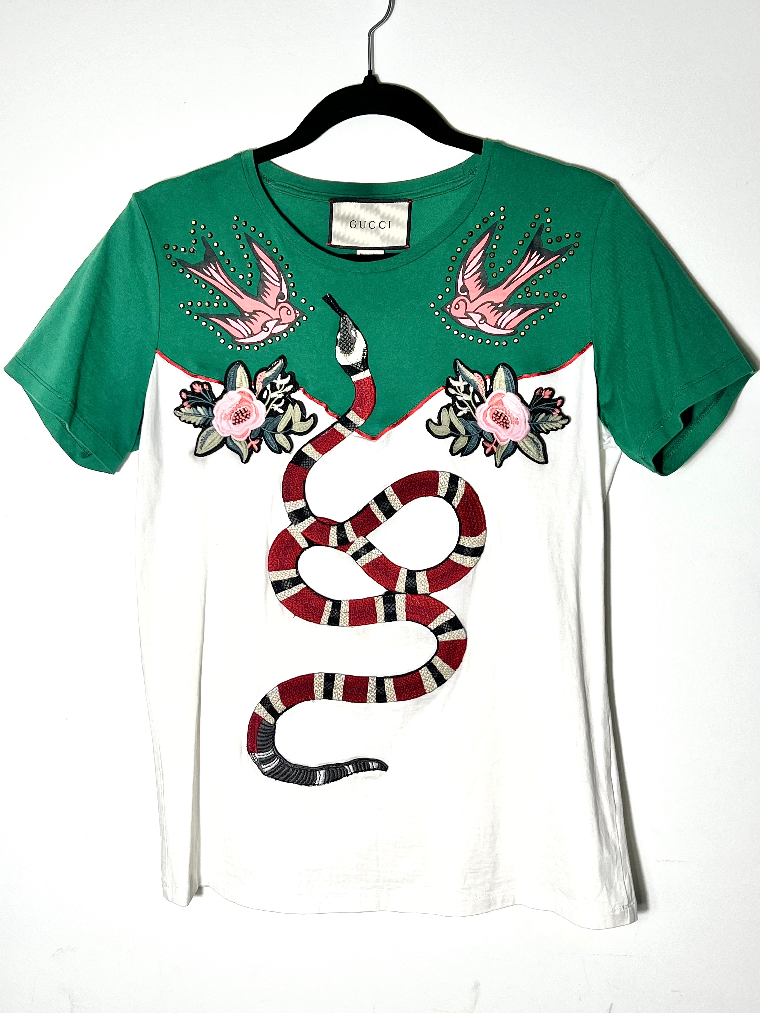 GUCCI GREEN GRAPHIC PRINT KING SNAKE EMBROIDERED T-SHIRT