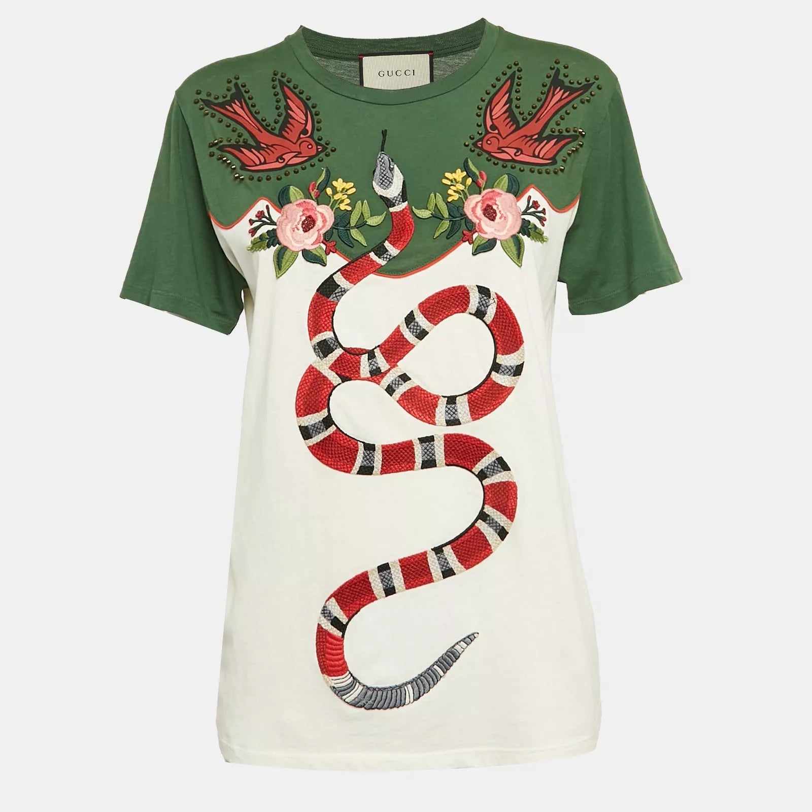 GUCCI GREEN GRAPHIC PRINT KING SNAKE EMBROIDERED T-SHIRT