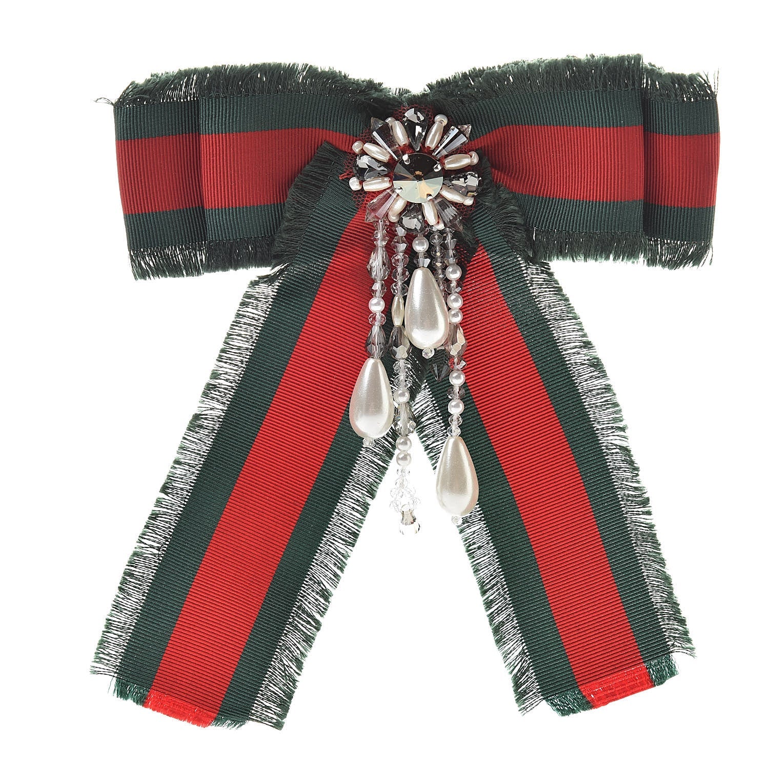 GUCCI GROSGRAIN WEB PEARL CRYSTAL BOW BROOCH