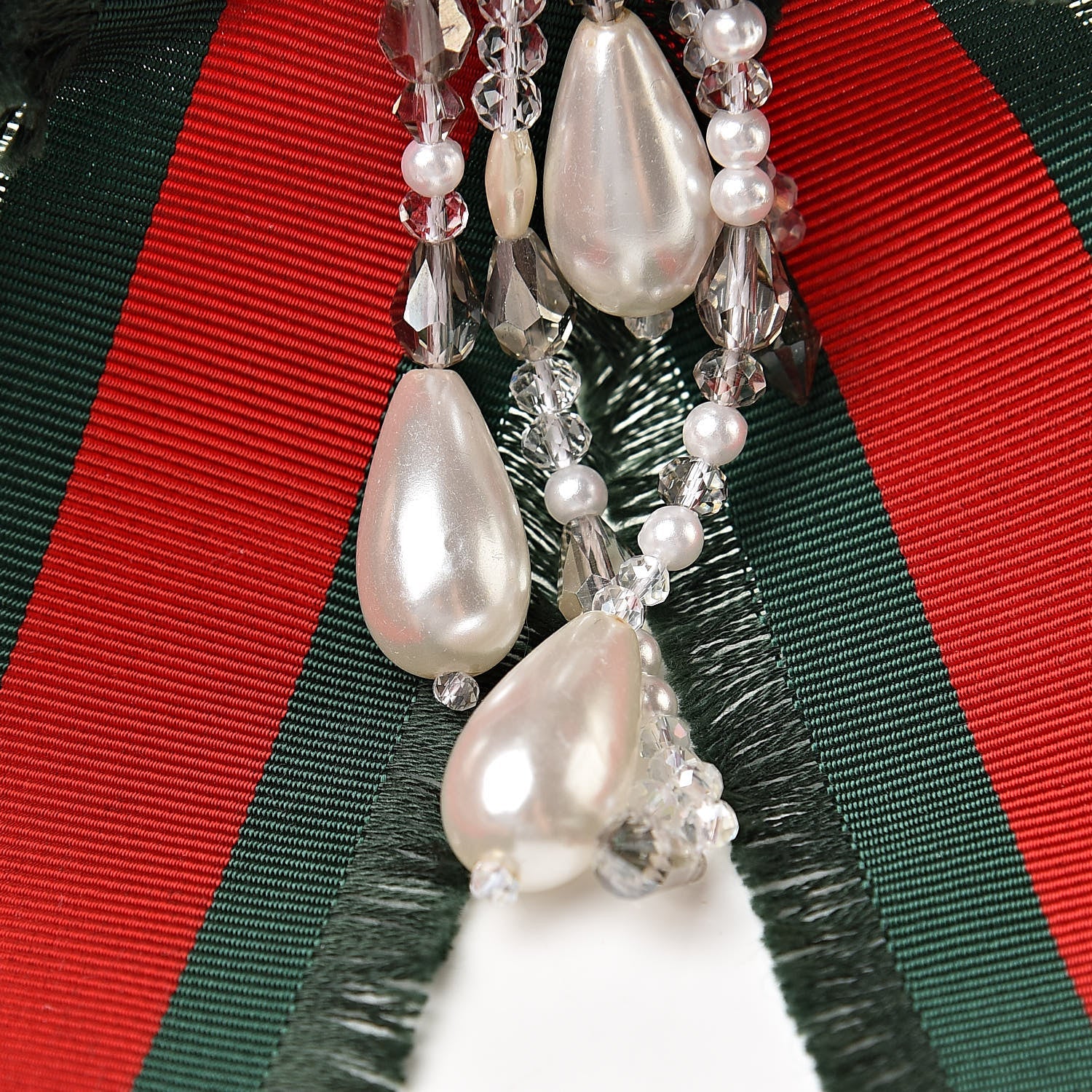 GUCCI GROSGRAIN WEB PEARL CRYSTAL BOW BROOCH