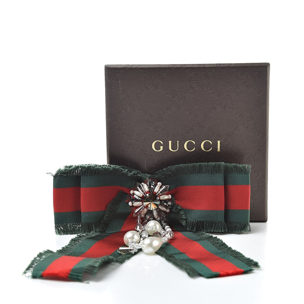 GUCCI GROSGRAIN WEB PEARL CRYSTAL BOW BROOCH