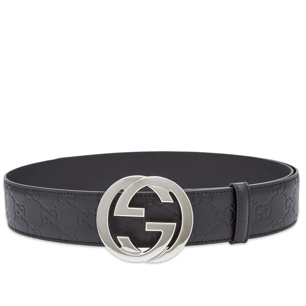GUCCI INTERLOCKING G EMBOSSED LEATHER BELT