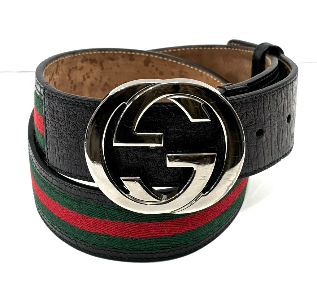 GUCCI INTERLOCKING G WEB ACCENT LEATHER BELT