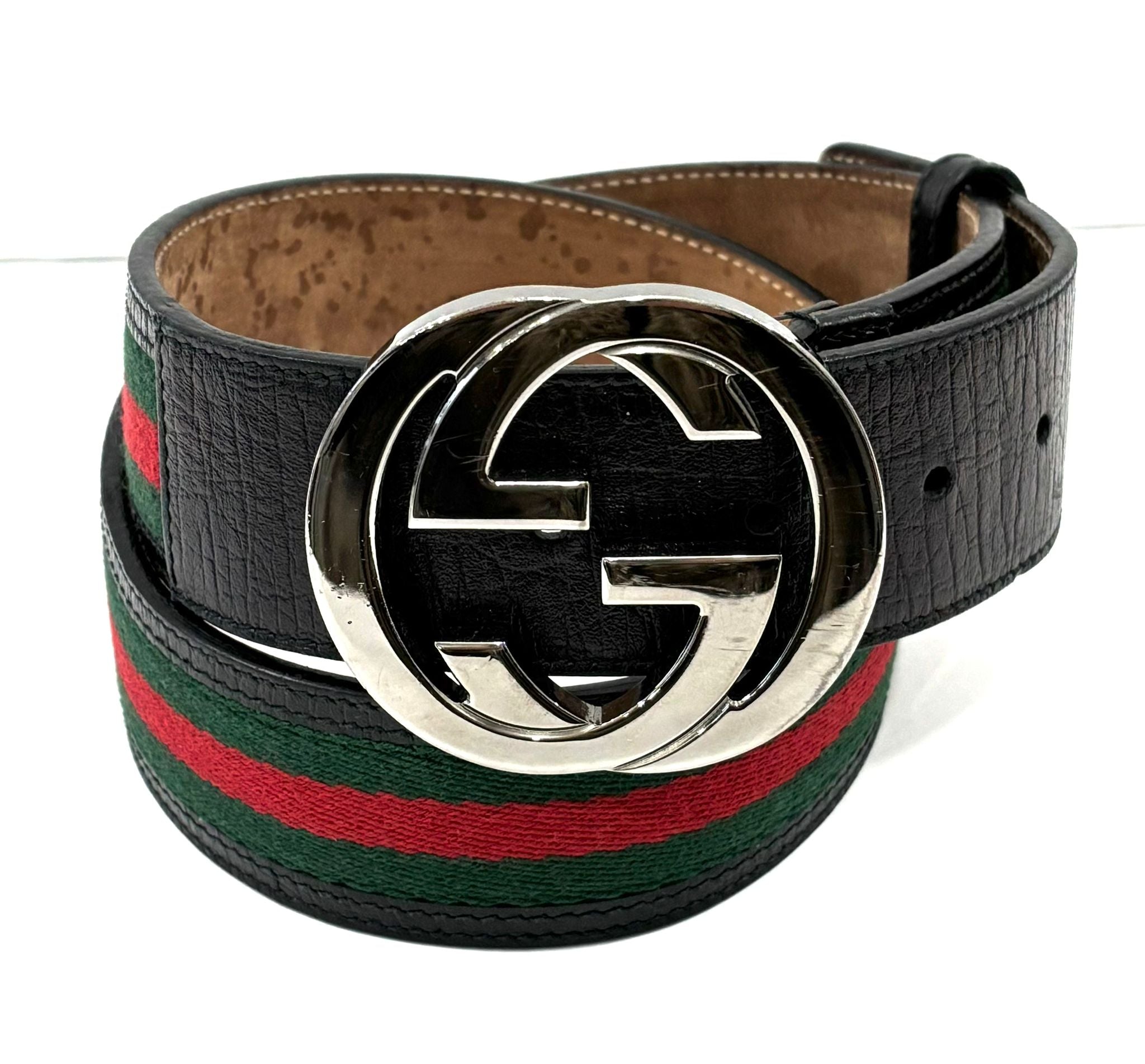 GUCCI INTERLOCKING G WEB ACCENT LEATHER BELT