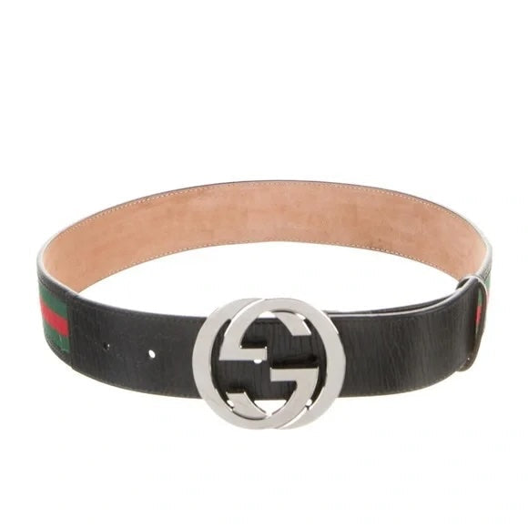 GUCCI INTERLOCKING G WEB ACCENT LEATHER BELT