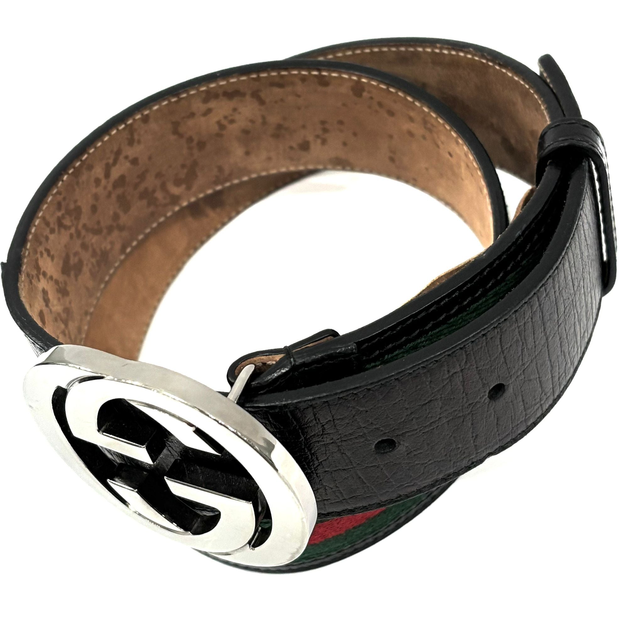 GUCCI INTERLOCKING G WEB ACCENT LEATHER BELT