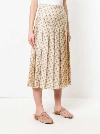 GUCCI INVITE STAMP PRINT SILK PLEATED MIDI SKIRT