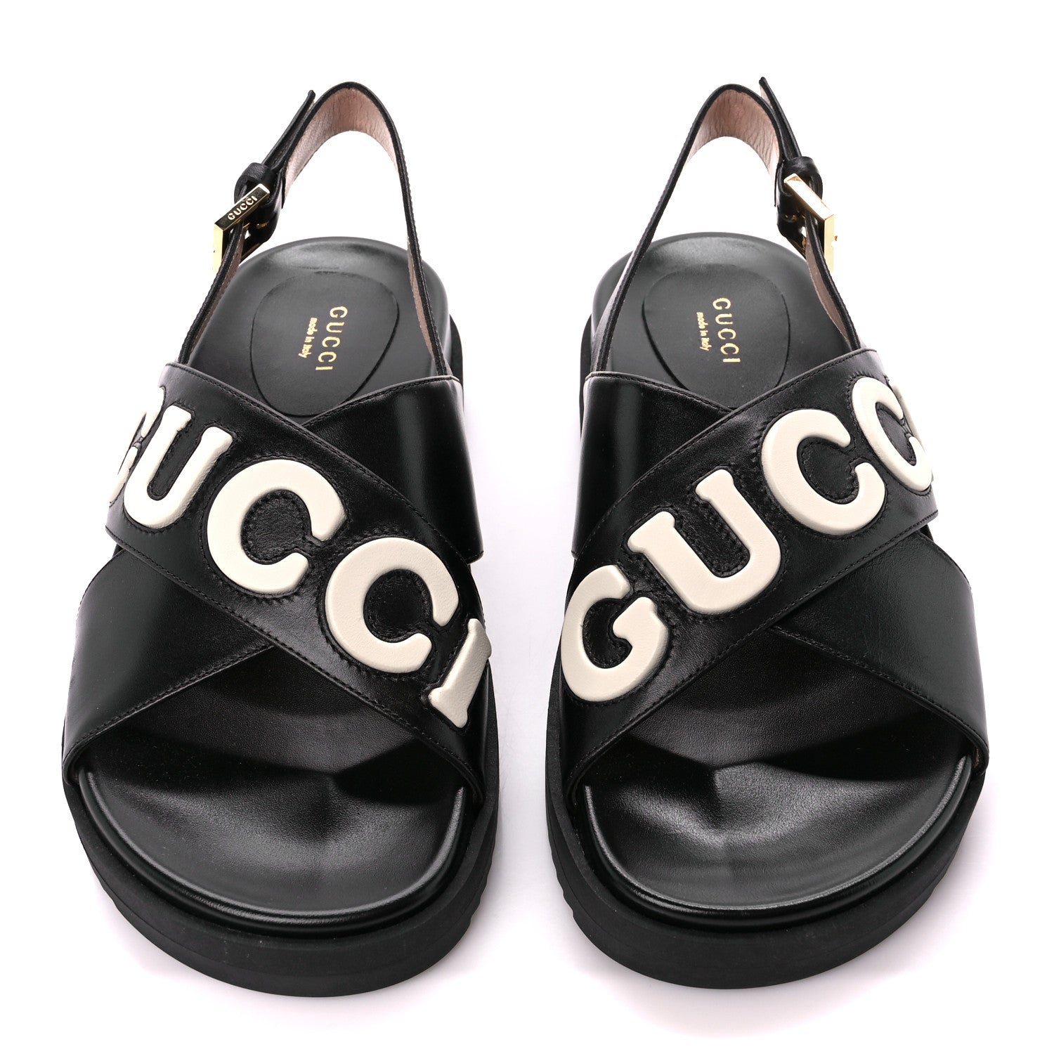 GUCCI LOGO APPLIQUE CROSSOVER CALFSKIN LEATHER SLINGBACK SANDALS