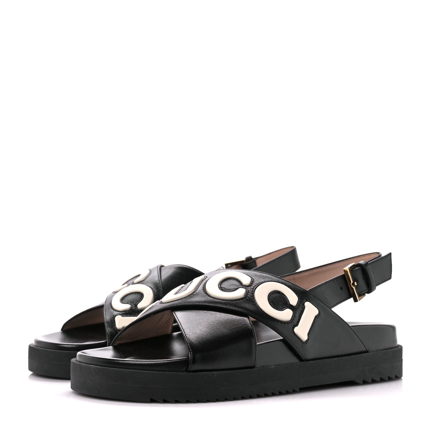 GUCCI LOGO APPLIQUE CROSSOVER CALFSKIN LEATHER SLINGBACK SANDALS