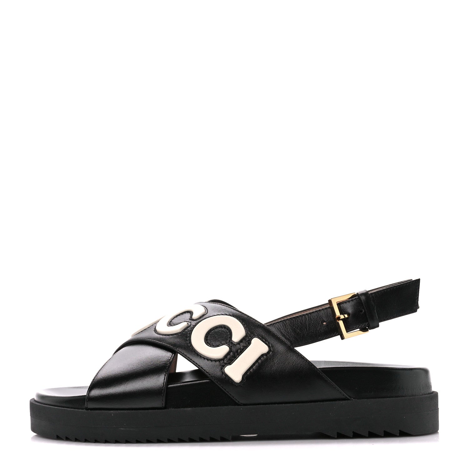 GUCCI LOGO APPLIQUE CROSSOVER CALFSKIN LEATHER SLINGBACK SANDALS