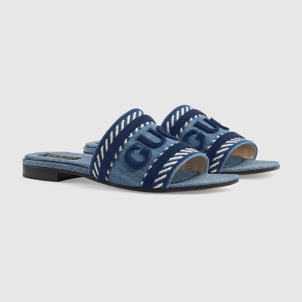 GUCCI DENIM SLIDE SANDALS WITH GUCCI SCRIPT
