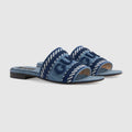GUCCI DENIM SLIDE SANDALS WITH GUCCI SCRIPT