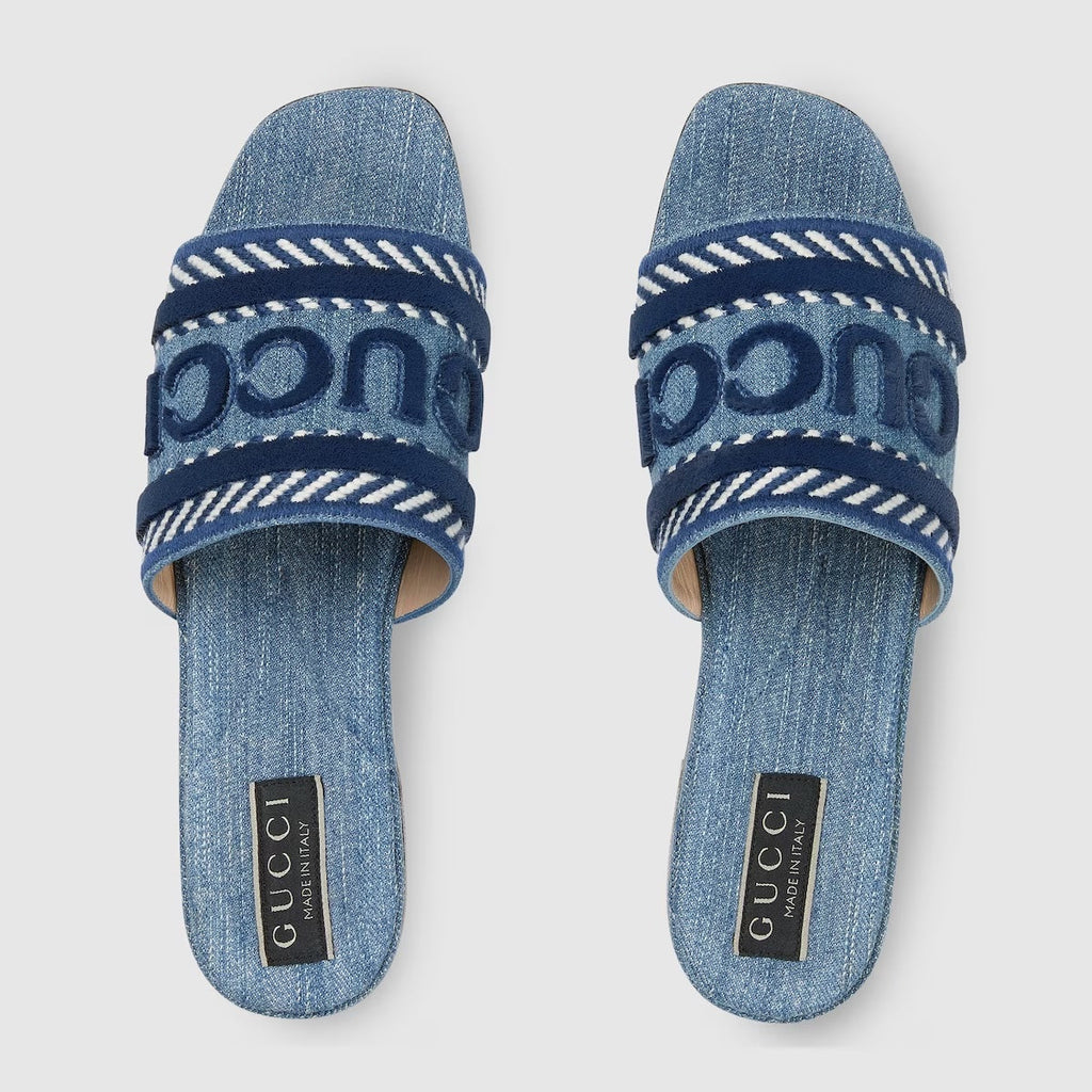 GUCCI DENIM SLIDE SANDALS WITH GUCCI SCRIPT