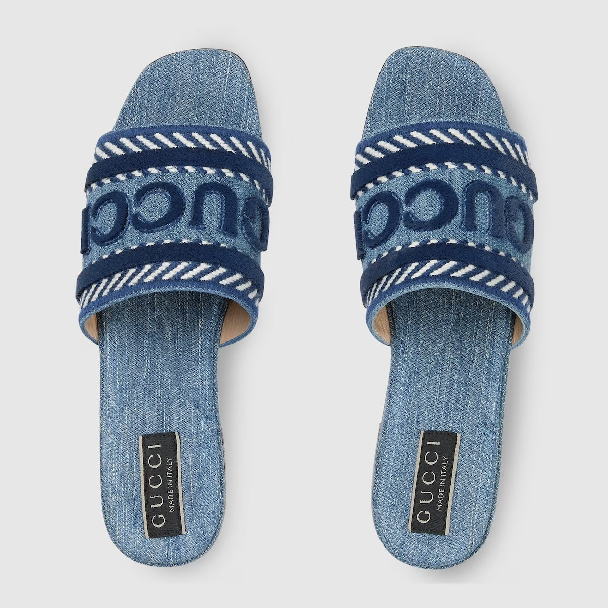 GUCCI DENIM SLIDE SANDALS WITH GUCCI SCRIPT
