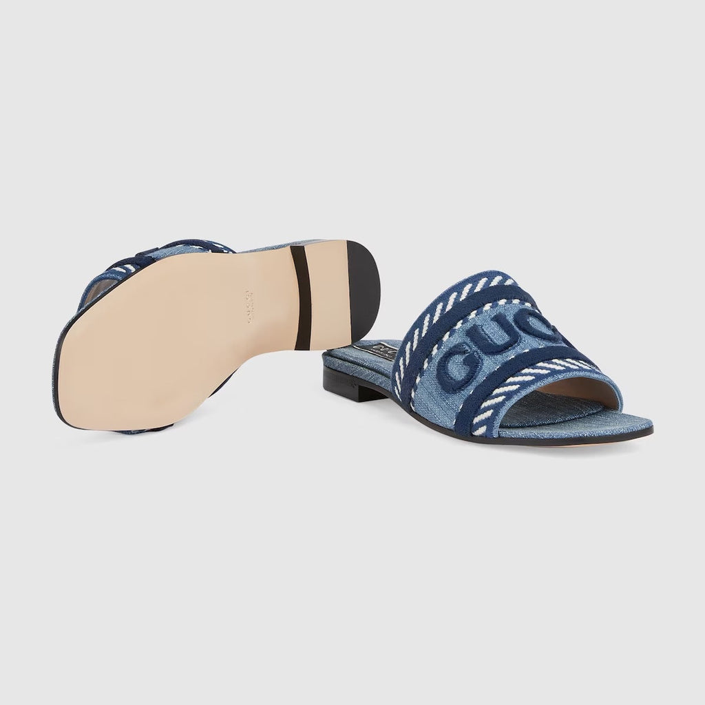 GUCCI DENIM SLIDE SANDALS WITH GUCCI SCRIPT