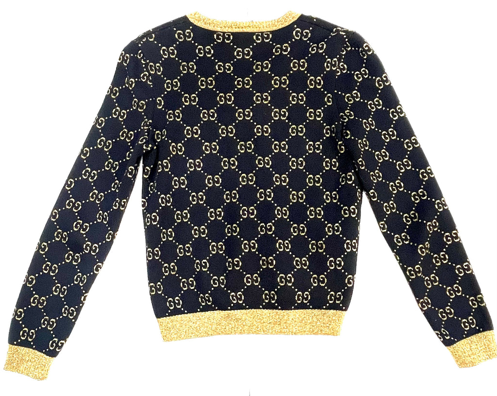 GUCCI GG SUPREME METALLIC JACQUARD KNIT COTTON BLEND V-NECK SWEATER