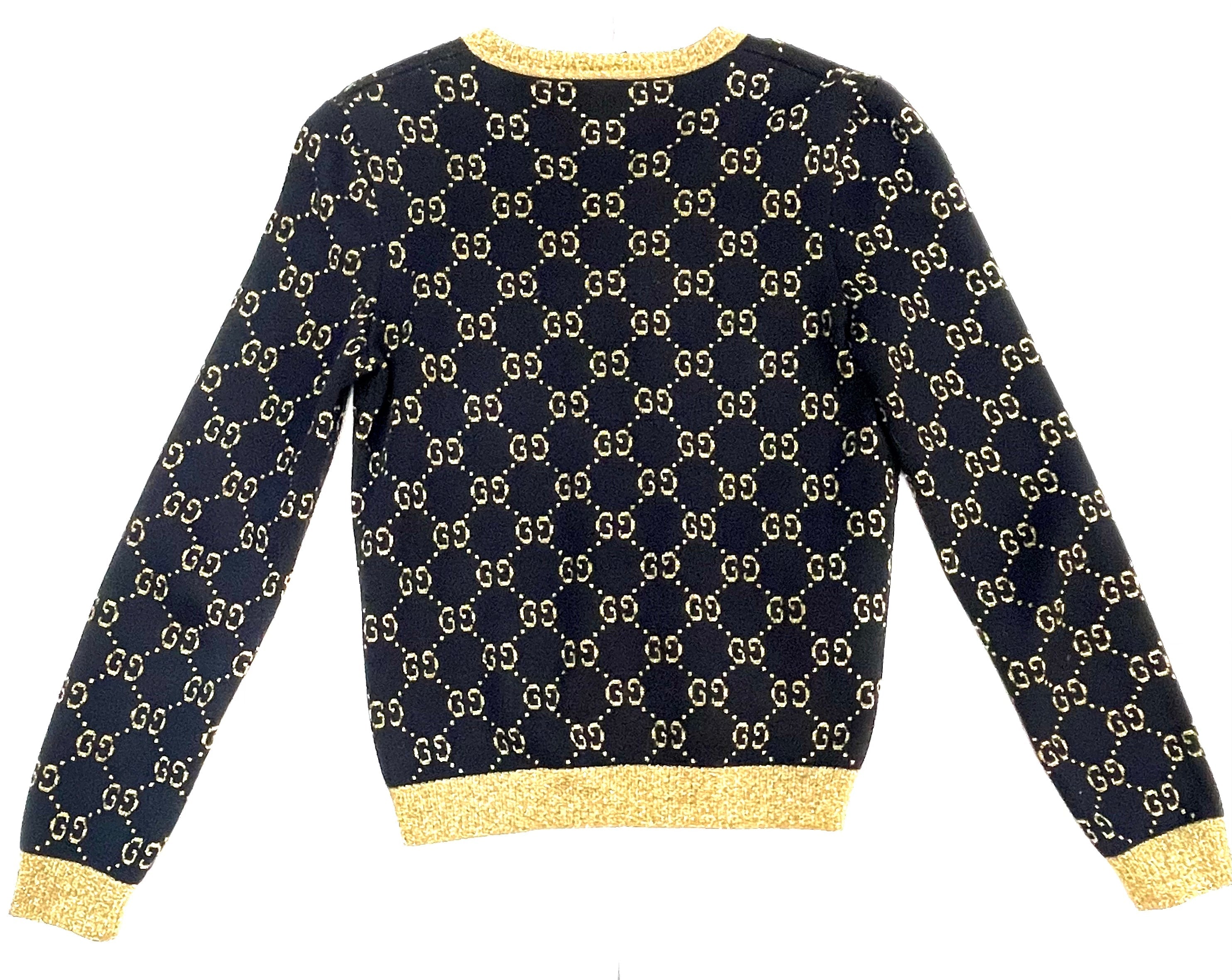 GUCCI GG SUPREME METALLIC JACQUARD KNIT COTTON BLEND V-NECK SWEATER