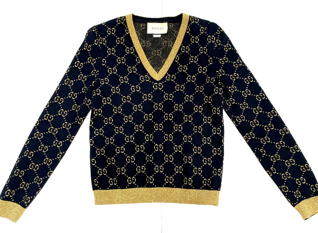 GUCCI GG SUPREME METALLIC JACQUARD KNIT COTTON BLEND V-NECK SWEATER