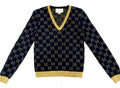 GUCCI GG SUPREME METALLIC JACQUARD KNIT COTTON BLEND V-NECK SWEATER