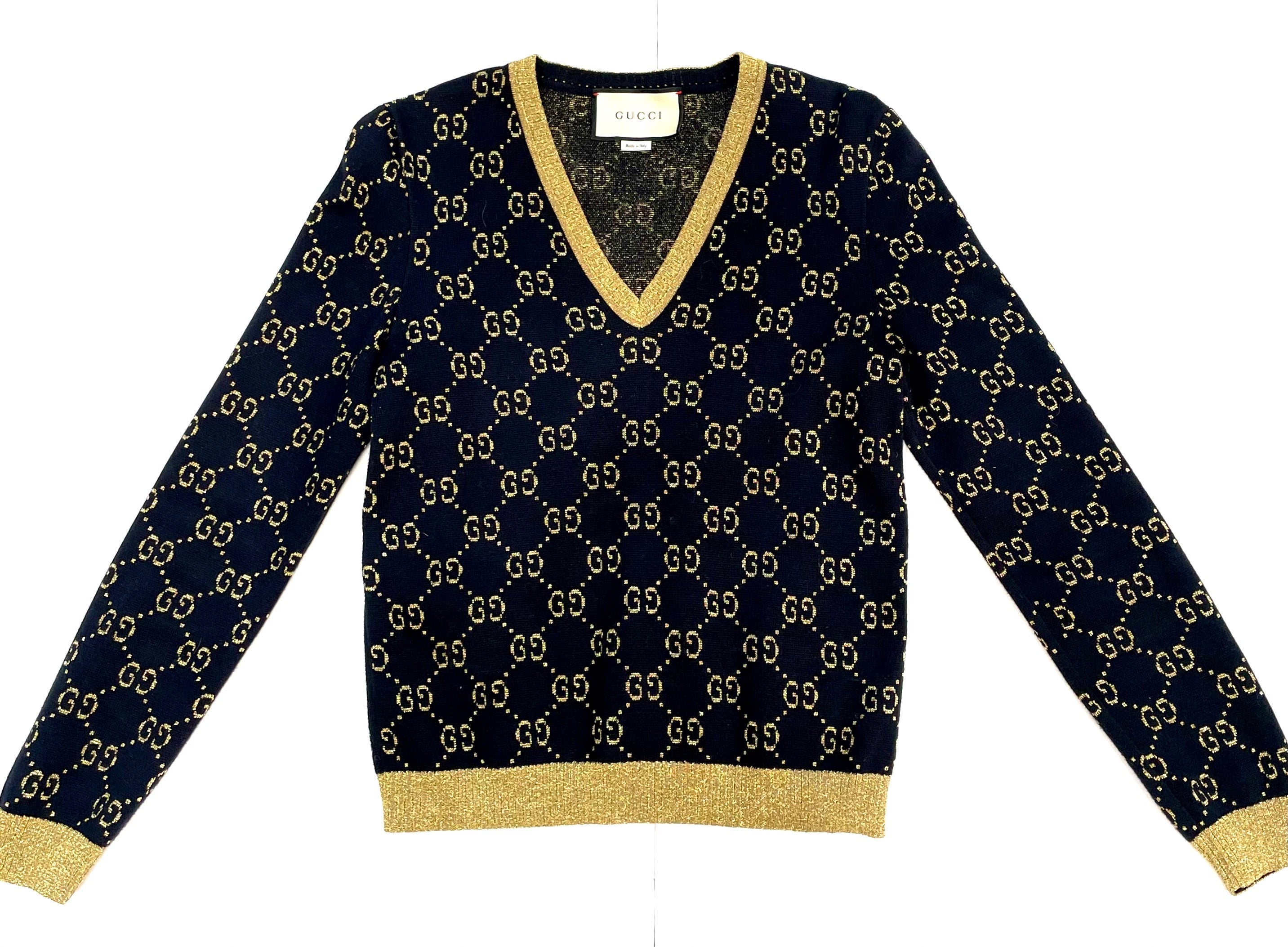 GUCCI GG SUPREME METALLIC JACQUARD KNIT COTTON BLEND V-NECK SWEATER