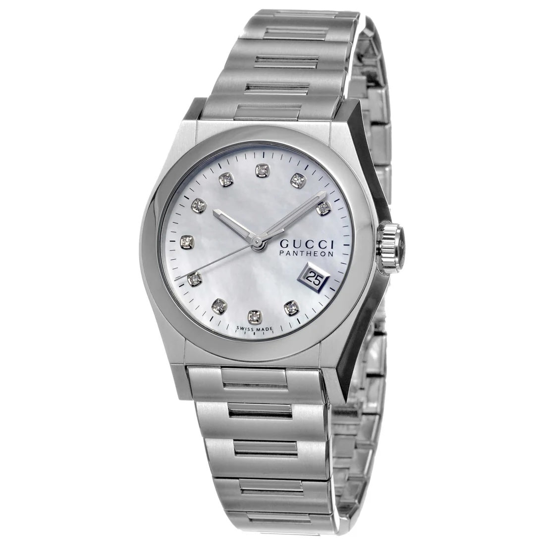 GUCCI PANTHEON 115 MOP DIAMOND DIAL BRUSHED STAINLESS STEEL WATCH