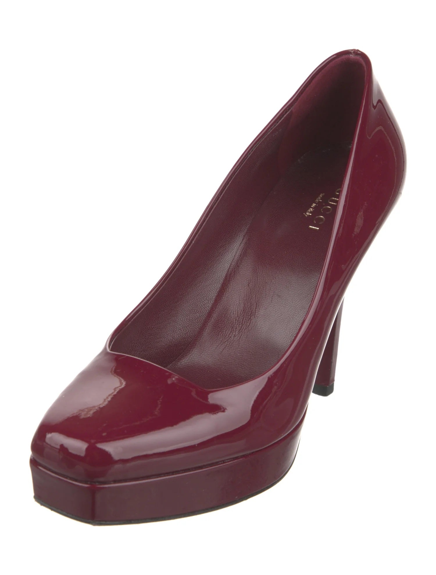 GUCCI PATENT LEATHER TILE SQUARE TOE PLATFORM PUMPS