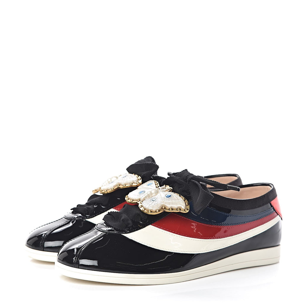 GUCCI PATENT CALFSKIN WEB FALACER BUTTERFLY SNEAKERS