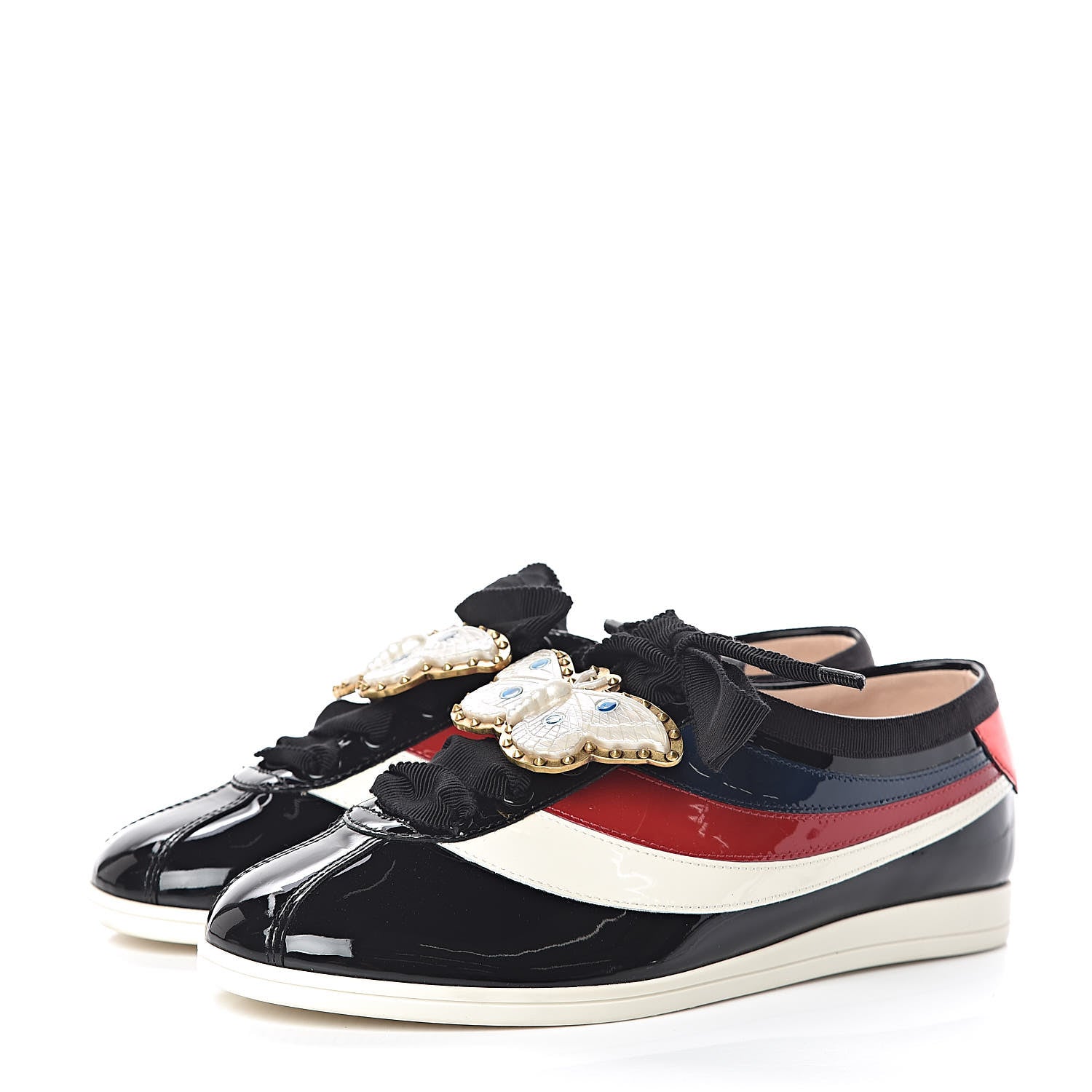 GUCCI PATENT CALFSKIN WEB FALACER BUTTERFLY SNEAKERS