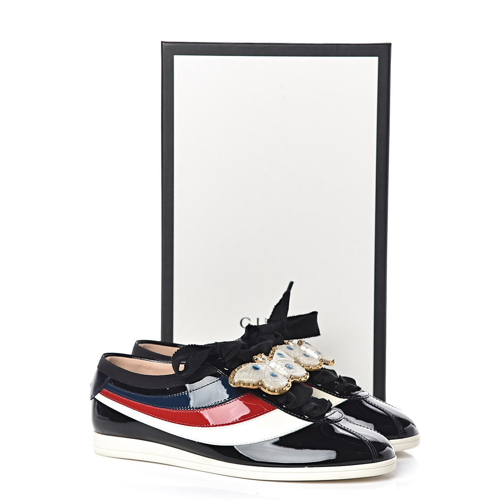 GUCCI PATENT CALFSKIN WEB FALACER BUTTERFLY SNEAKERS