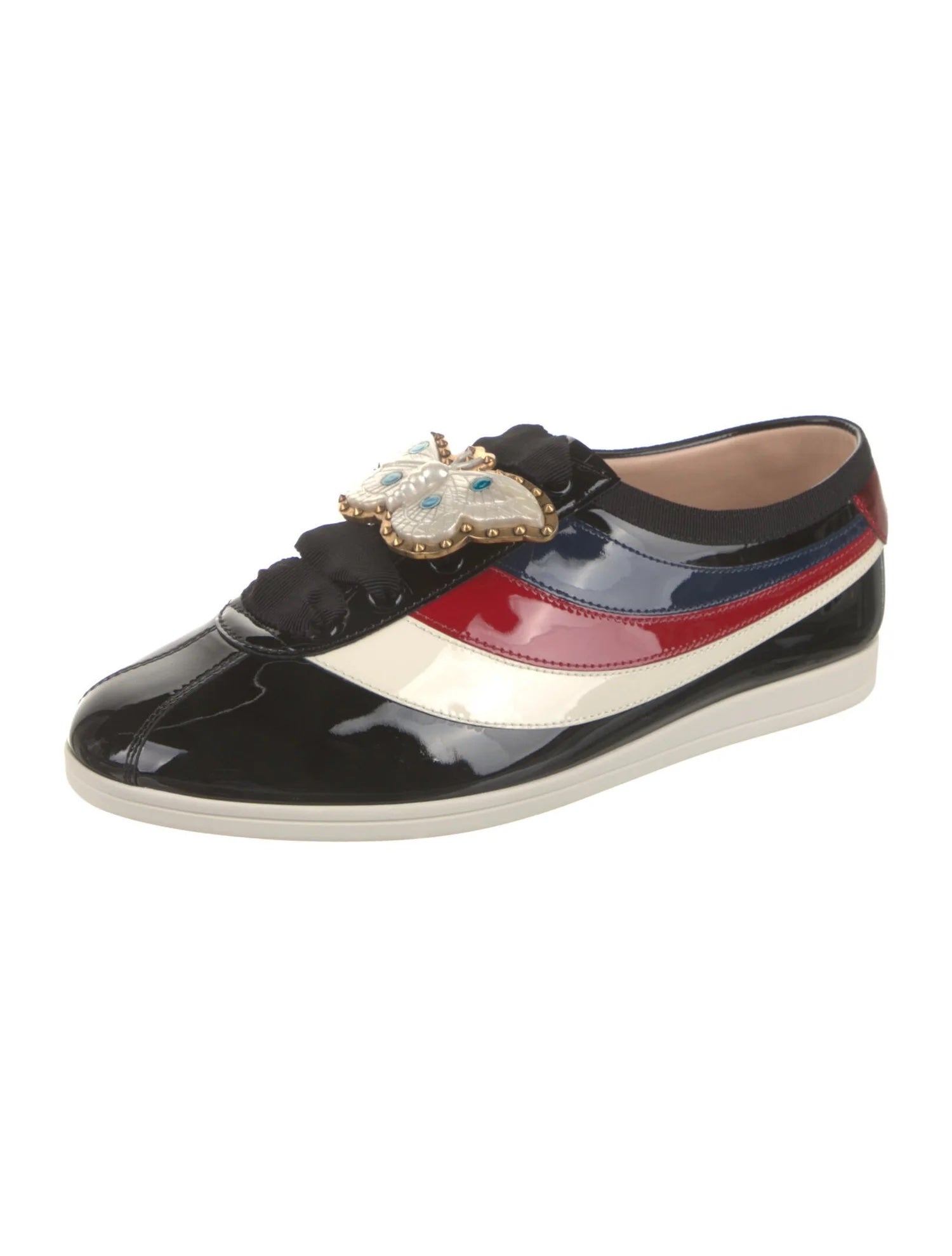 GUCCI PATENT CALFSKIN WEB FALACER BUTTERFLY SNEAKERS