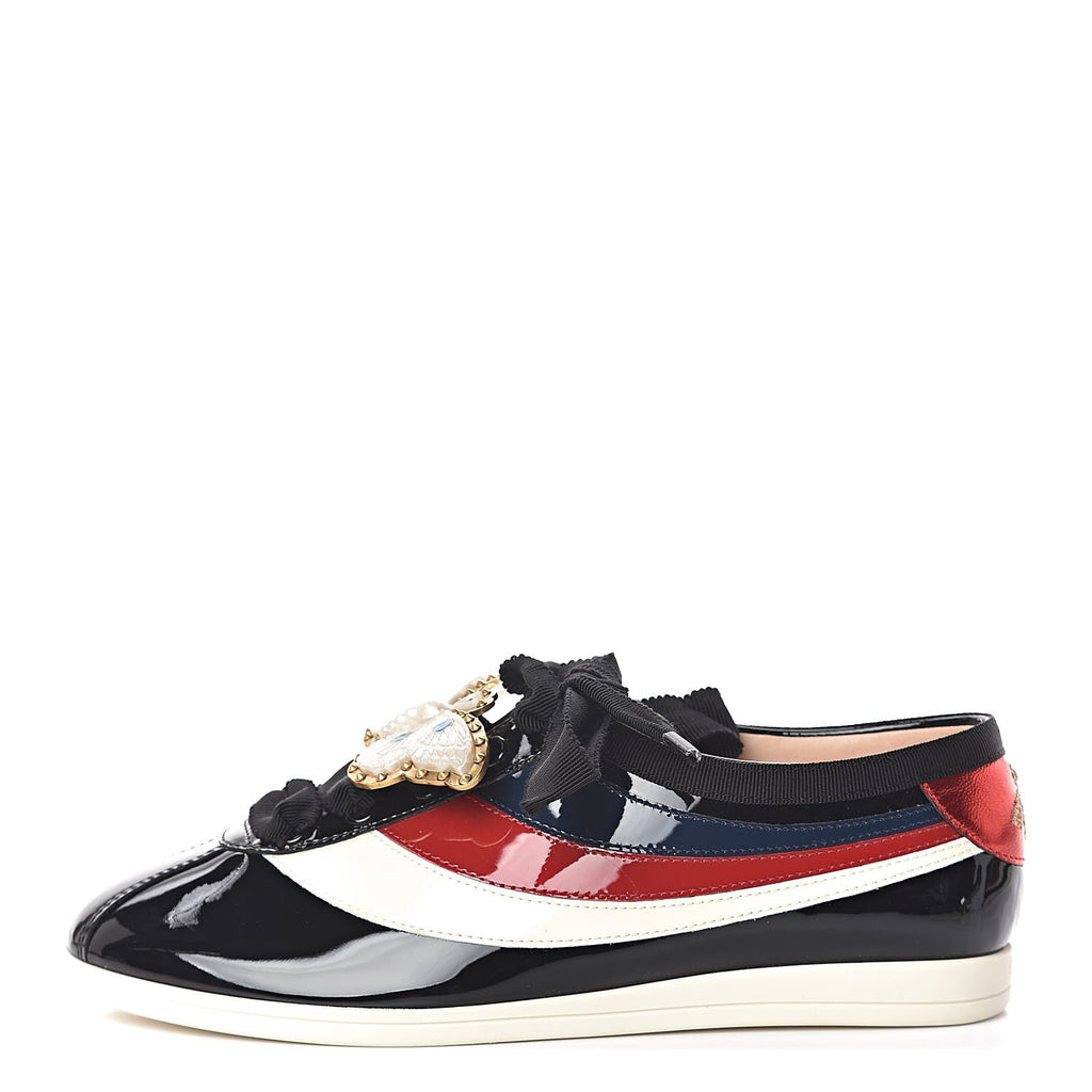 GUCCI PATENT CALFSKIN WEB FALACER BUTTERFLY SNEAKERS