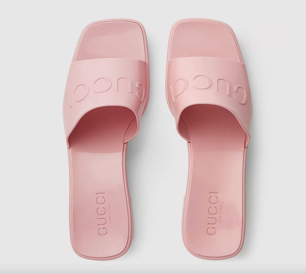 GUCCI PINK 60 EMBOSSED LOGO SLIDE SANDALS