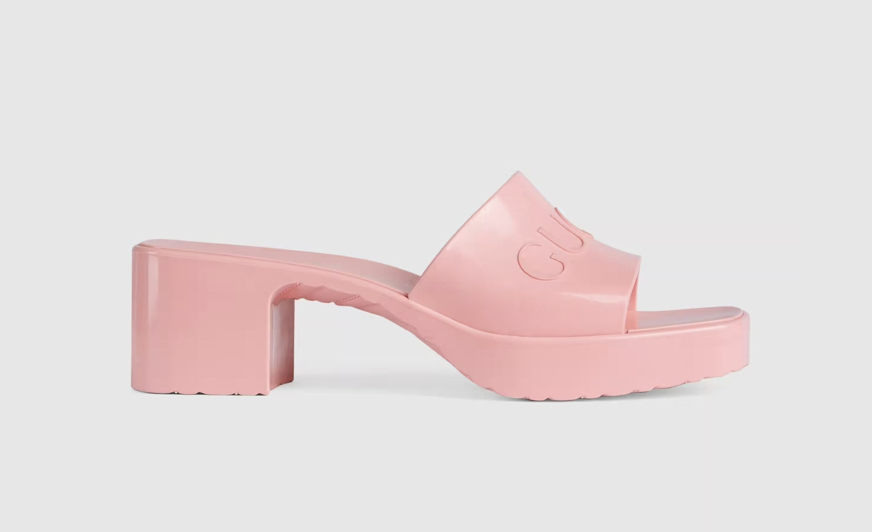GUCCI PINK 60 EMBOSSED LOGO SLIDE SANDALS