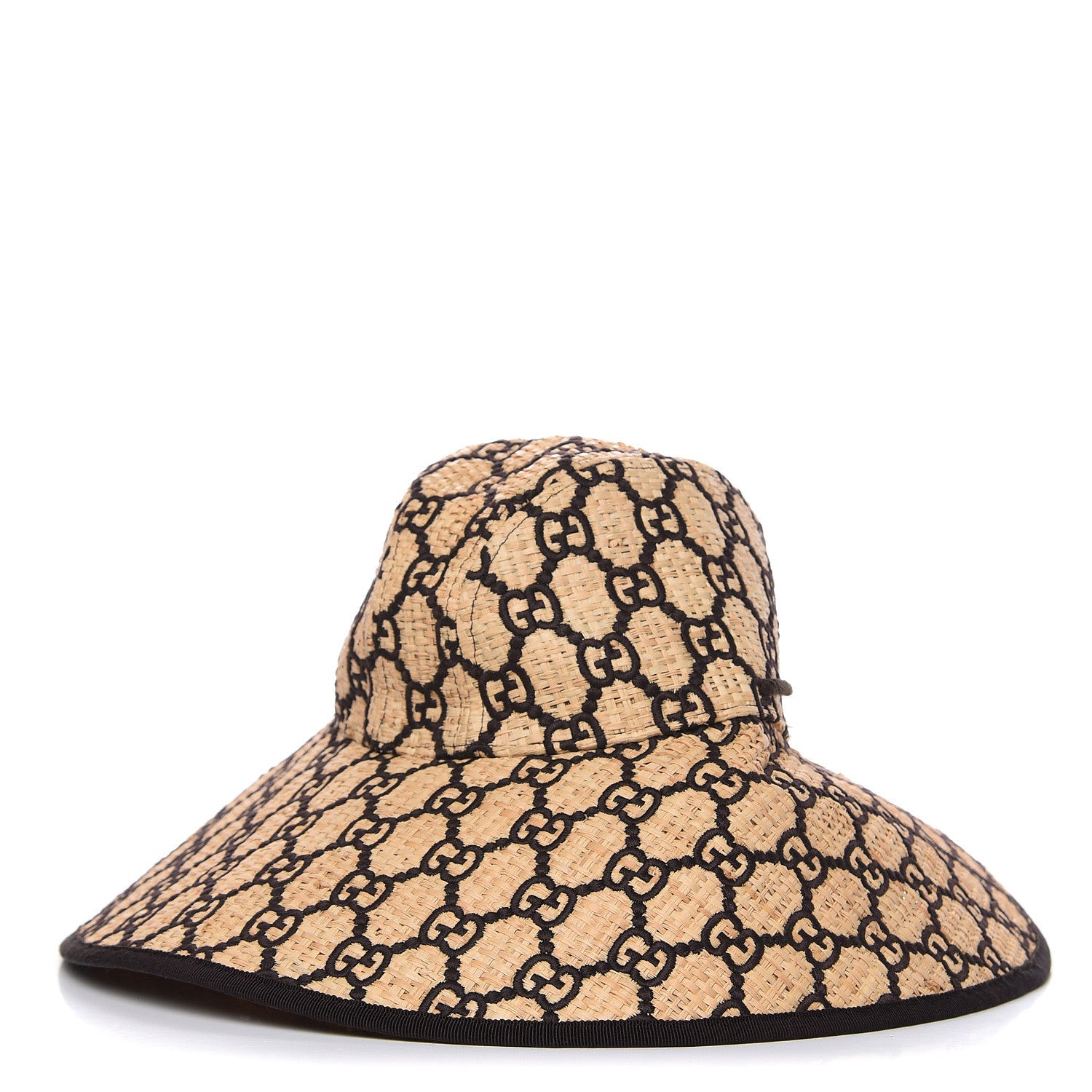 GUCCI RAFFIA ELAPHE GG MONOGRAM EMBROIDERED WIDE BRIM HAT