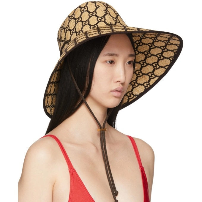 GUCCI RAFFIA ELAPHE GG MONOGRAM EMBROIDERED WIDE BRIM HAT