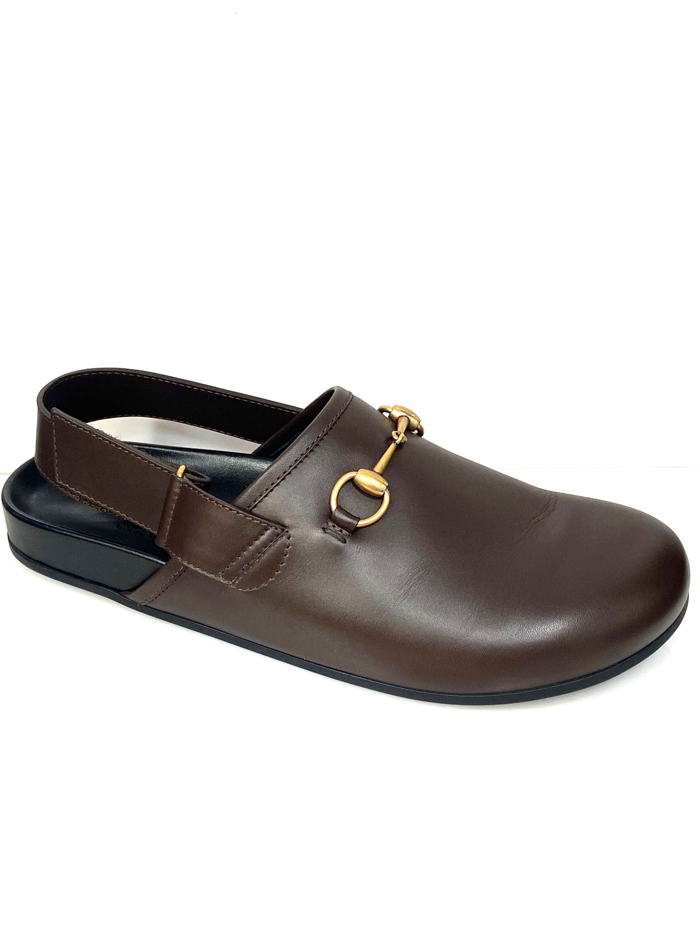 GUCCI MEN'S RIVER LEATHER HORSEBIT SLINGBACK SLIDES