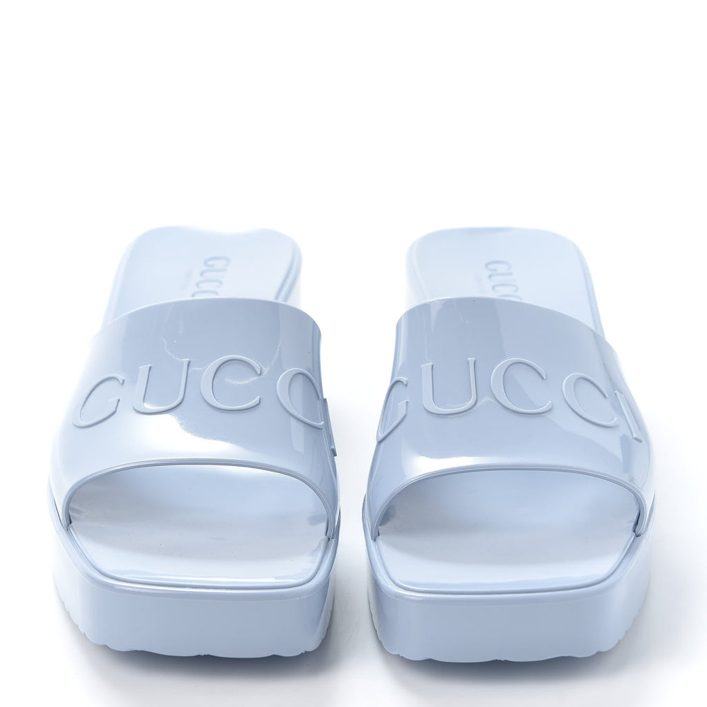 GUCCI LIGHT BLUE RUBBER PLATFORM SANDALS