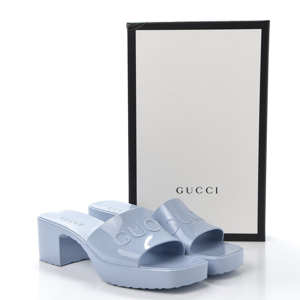 GUCCI LIGHT BLUE RUBBER PLATFORM SANDALS
