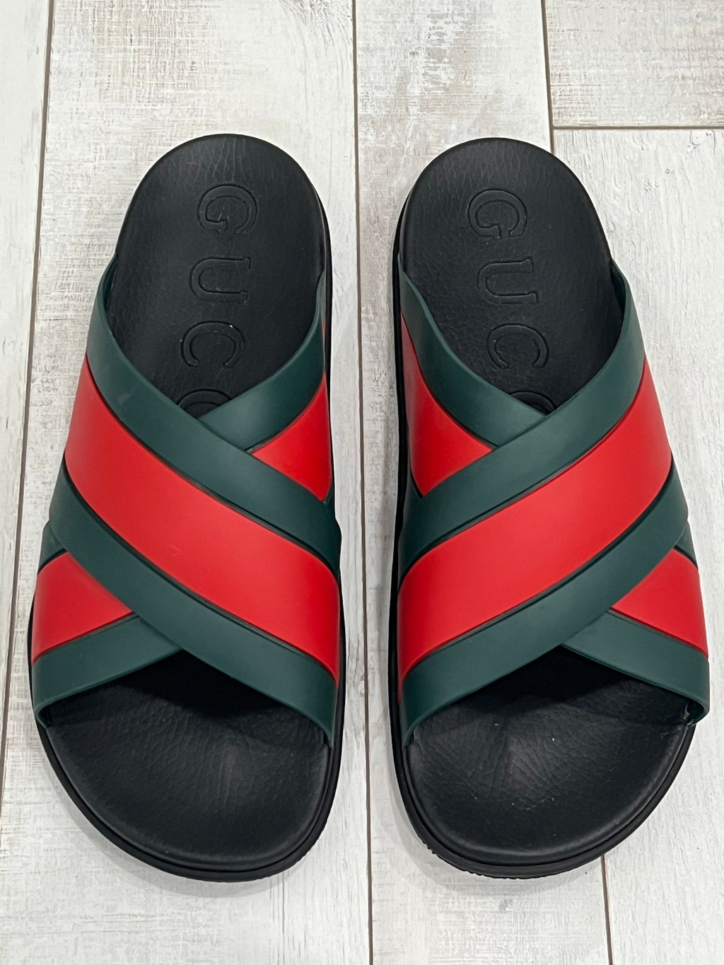 GUCCI RUBBER WEB CRISS CROSS SLIDE SANDALS