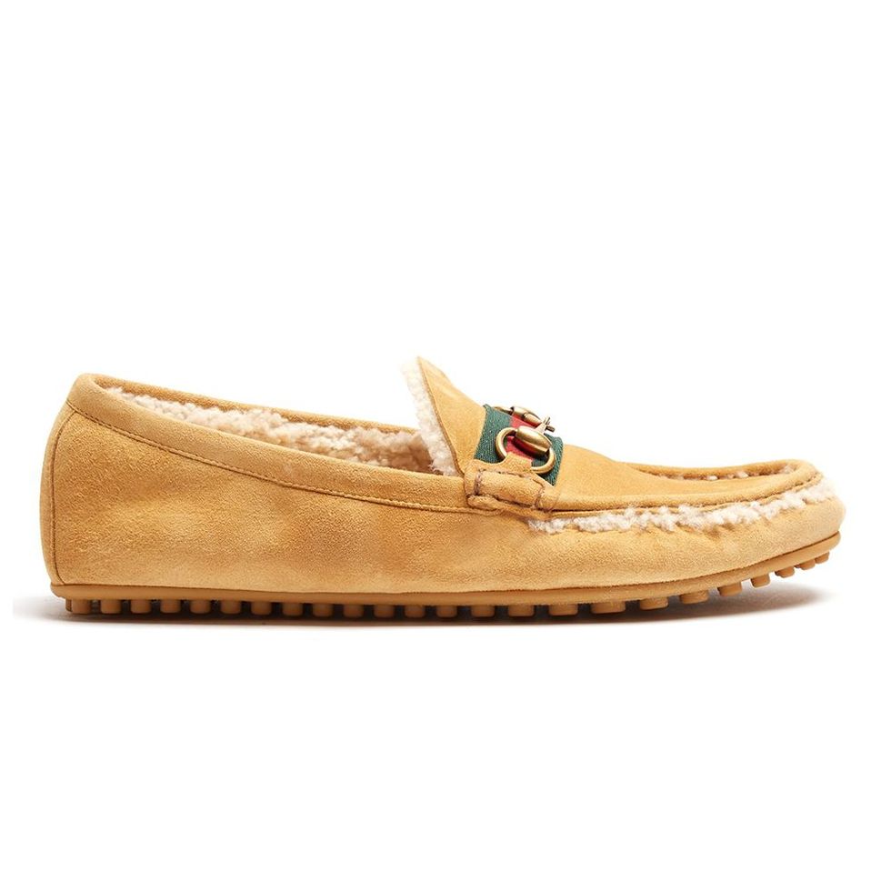 GUCCI HORSEBIT WEB SHEARLING DRIVER LOAFERS
