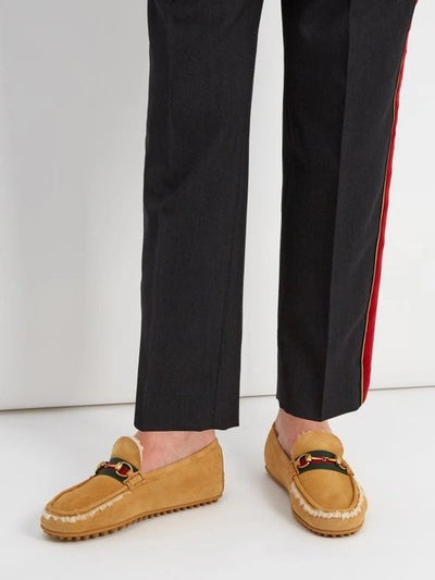 GUCCI HORSEBIT WEB SHEARLING DRIVER LOAFERS