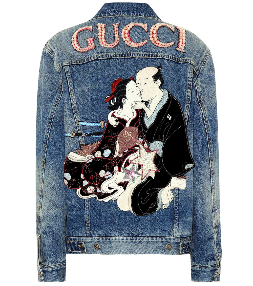 GUCCI TATAN & GINGHAM SHUNGA PEARL EMBROIDERED DENIM JACKET