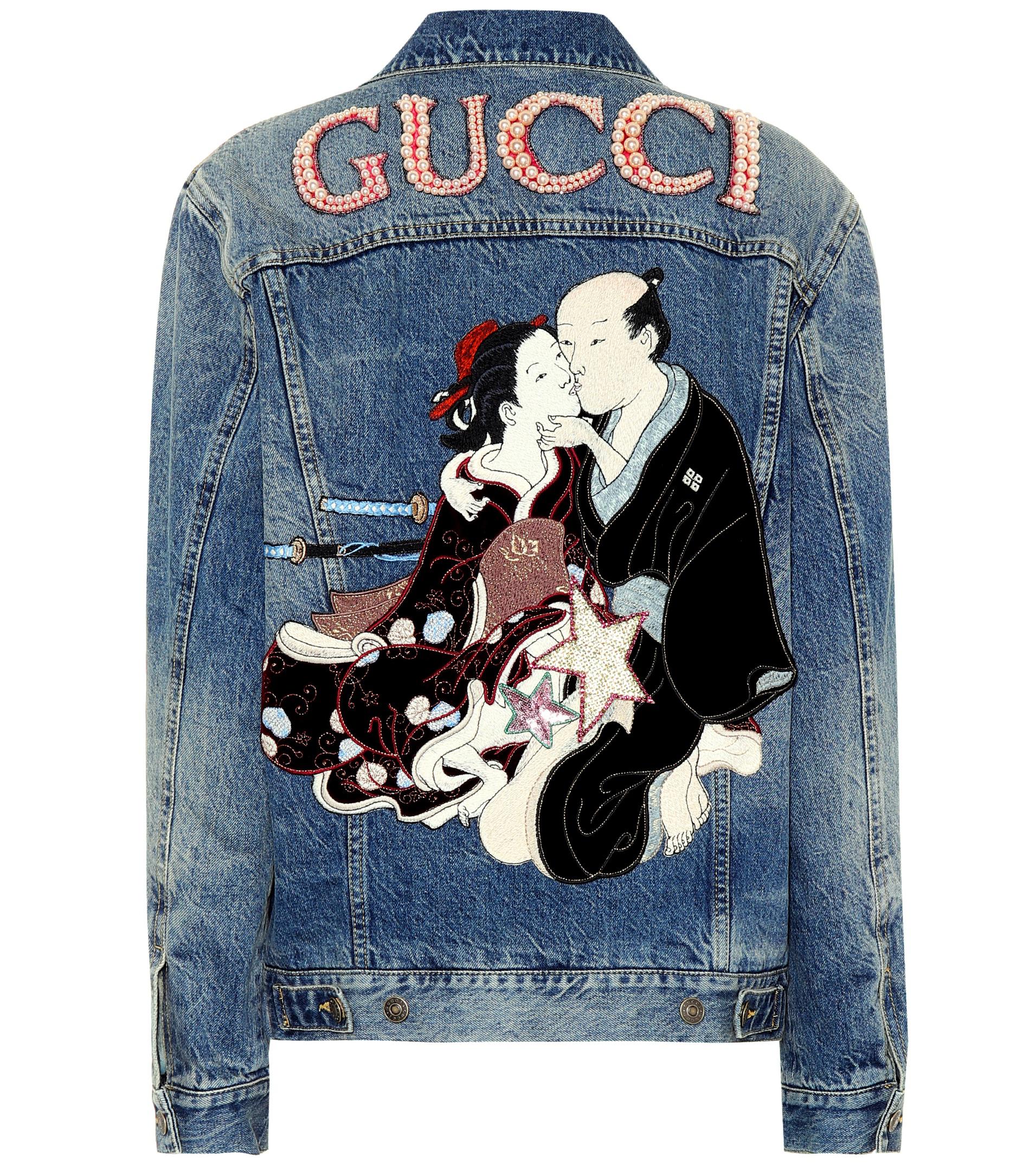 GUCCI TATAN & GINGHAM SHUNGA PEARL EMBROIDERED DENIM JACKET
