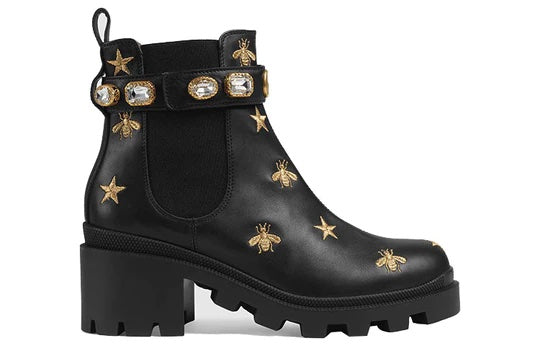 GUCCI STAR AND BEE EMBROIDERED LEATHER BOOTS