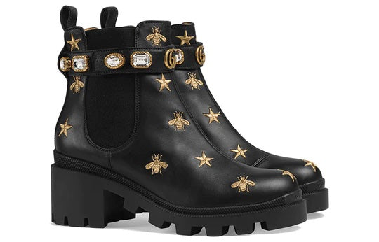 GUCCI STAR AND BEE EMBROIDERED LEATHER BOOTS